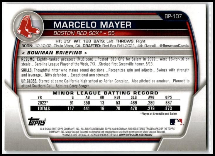 2023 Bowman Prospects #BP-107 Marcelo Mayer Boston Red Sox