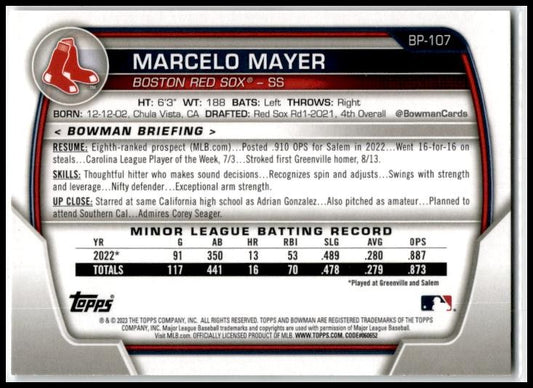 2023 Bowman Prospects #BP-107 Marcelo Mayer Boston Red Sox