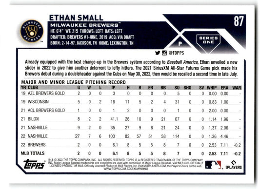2023 Topps Ethan Small Rookie Milwaukee Brewers #87