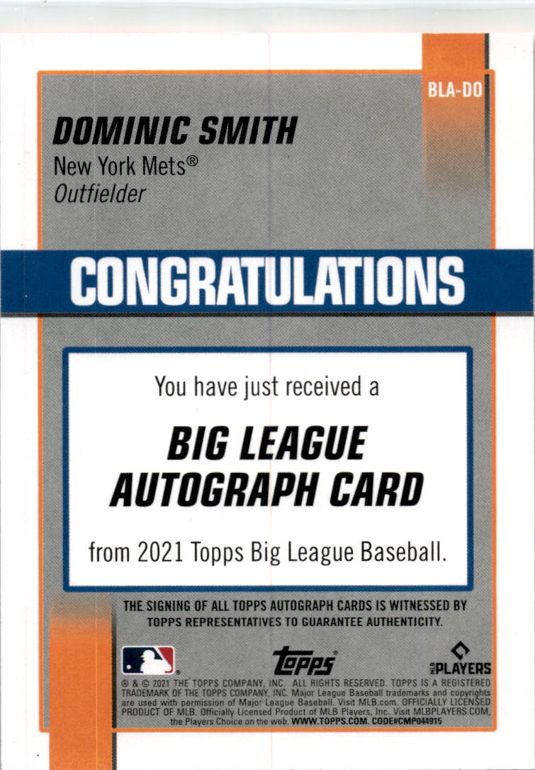 2021 Topps Big League Electric Orange #BLA-DO  Dominic Smith Autograph Mets