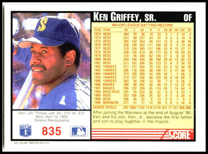 1991 Score #835 Ken Griffey, Sr. Seattle Mariners