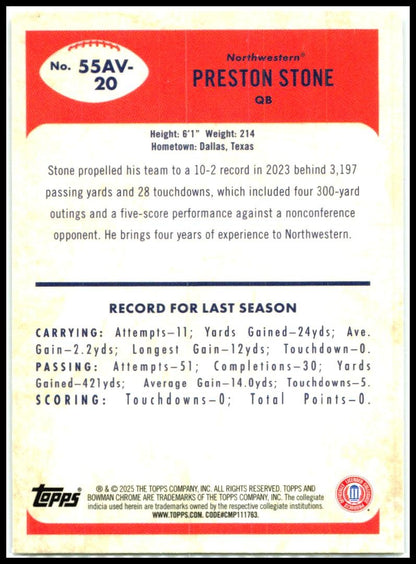 2025 Bowman Chrome University 1955 Bowman #55AV-20 Preston Stone Northwestern