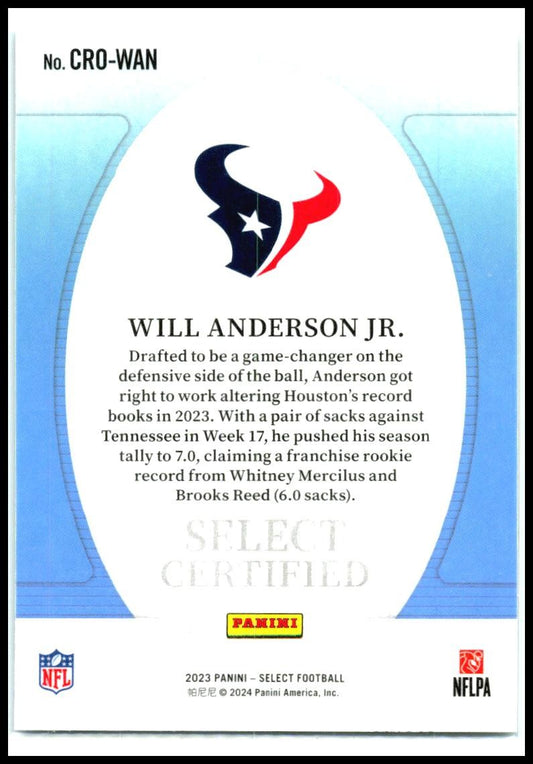 2023 Panini Select Select Certified Rookies #CRO-WAN Will Anderson Jr. Texans