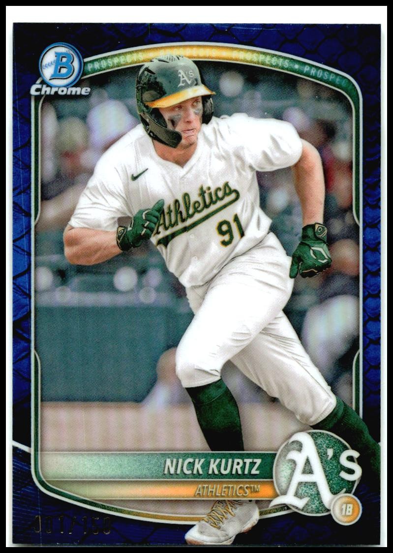 2025 Bowman Chrome Reptilian Blue Refractor #BCP-114 Nick Kurtz /150 Athletics