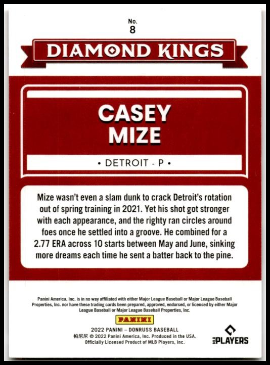 2022 Donruss Red #8 Casey Mize #/2022 Detroit Tigers