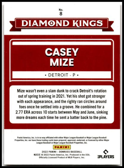 2022 Donruss Red #8 Casey Mize #/2022 Detroit Tigers