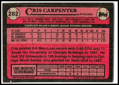 1989 Topps #282 Cris Carpenter Rookie St. Louis Cardinals
