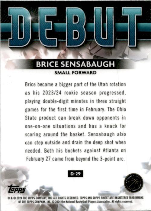2023-24 Topps Finest Debut #D-29 Brice Sensabugh Utah Jazz