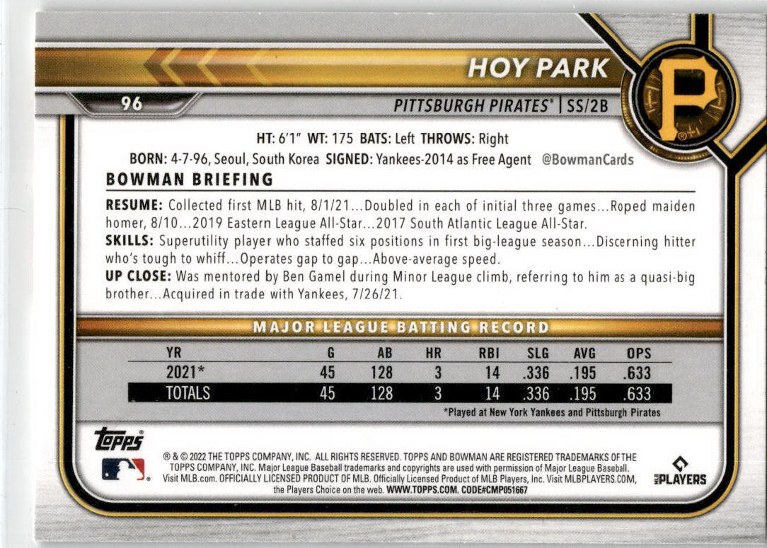 2022 Bowman #96 Hoy Park Rookie Pittsburgh Pirates
