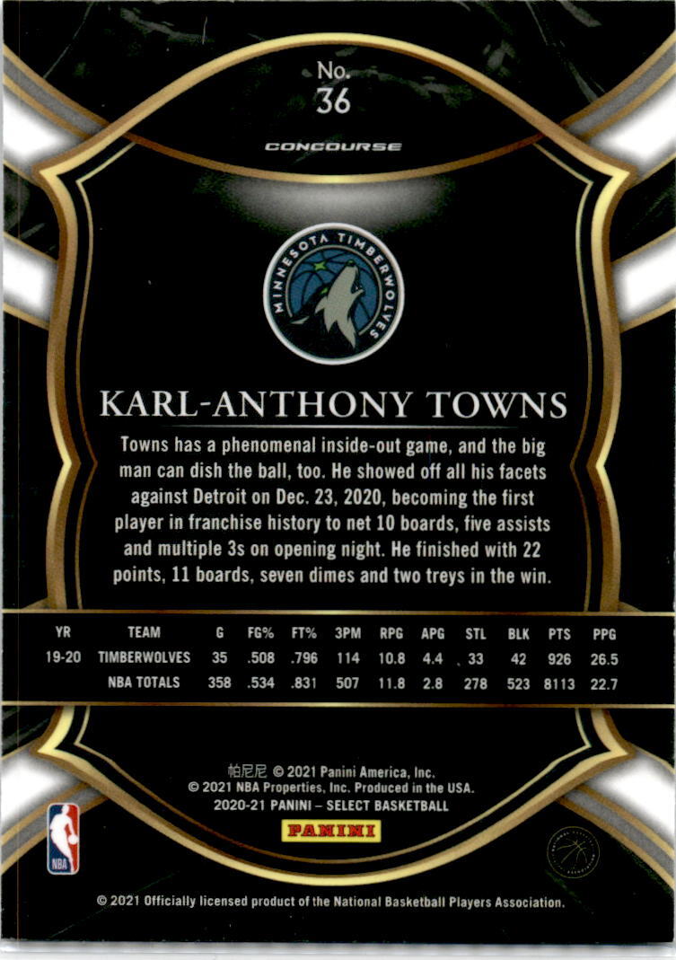 2020-21 Panini Select Blue #36 Karl-Anthony Towns Minnesota Timberwolves