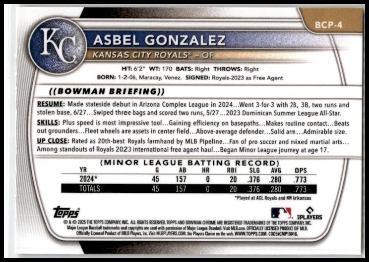 2025 Bowman Chrome #BCP-4 Asbel Gonzalez Royals