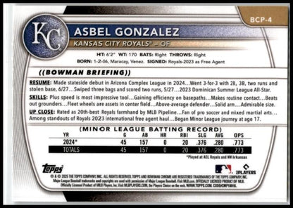 2025 Bowman Chrome #BCP-4 Asbel Gonzalez Royals