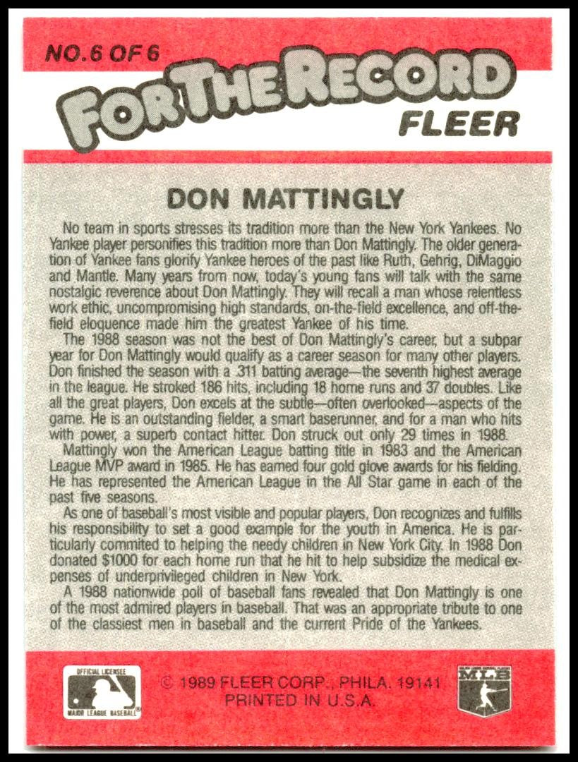 1989 Fleer For the Record #6 Don Mattingly New York Yankees