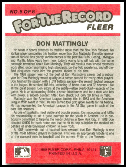 1989 Fleer For the Record #6 Don Mattingly New York Yankees