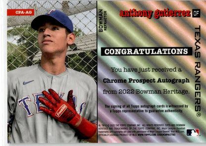2022 Bowman Heritage #CPA-AG Anthony Gutierrez Auto Texas Rangers #/99