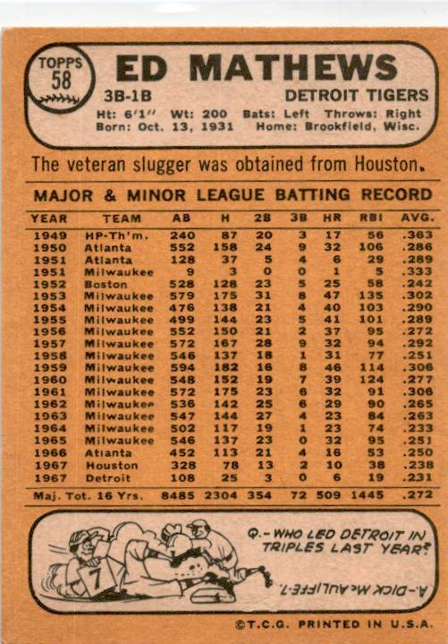 1968 Topps Milton Bradley Win-A-Card #58 Ed Mathews Detroit Tigers