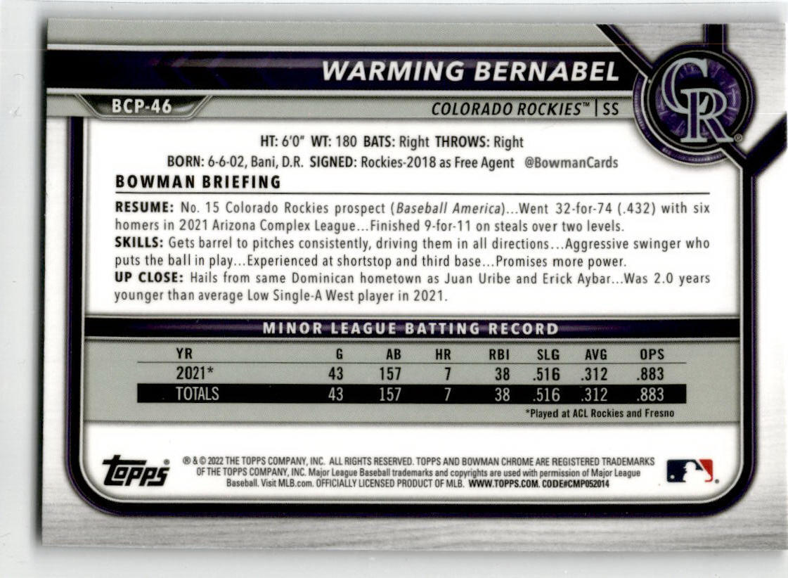 2022 Bowman Chrome Prospects Mojo Refractor #BCP-46 Warming Bernabel Rockies