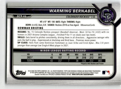2022 Bowman Chrome Prospects Mojo Refractor #BCP-46 Warming Bernabel Rockies