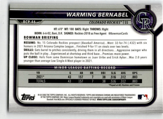 2022 Bowman Chrome Prospects Mojo Refractor #BCP-46 Warming Bernabel Rockies
