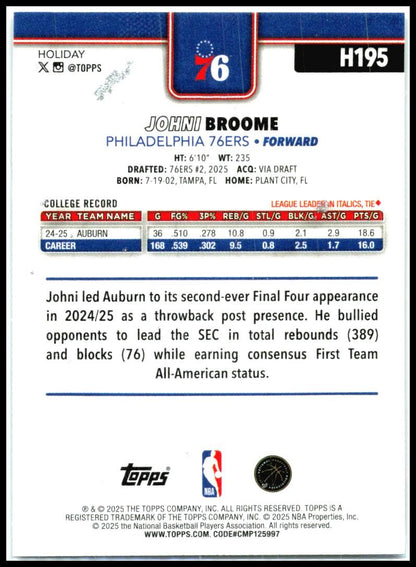 2025-26 Topps Holiday Glitter Holiday #H195 Johni Broome Rookie 76ers