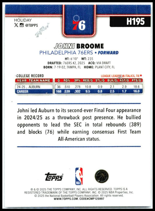 2025-26 Topps Holiday Glitter Holiday #H195 Johni Broome Rookie 76ers