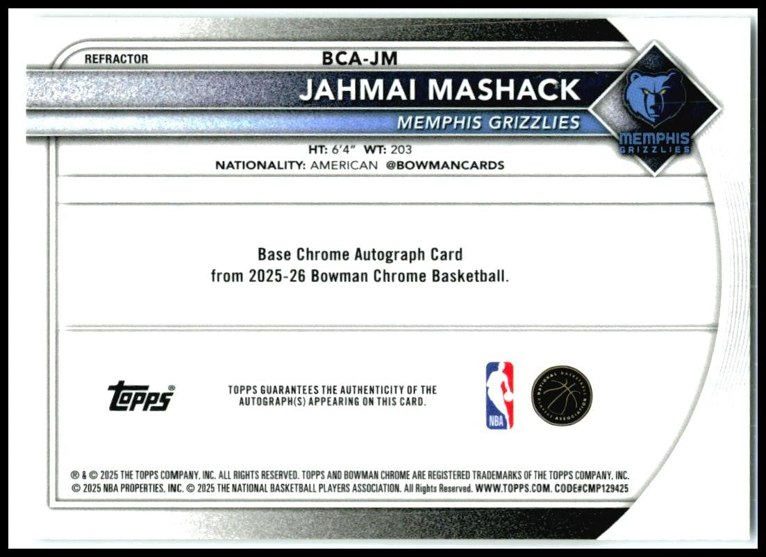 2025-26 Bowman Auto Refractor /499 #BCA-JM Jahmai Mashack Memphis