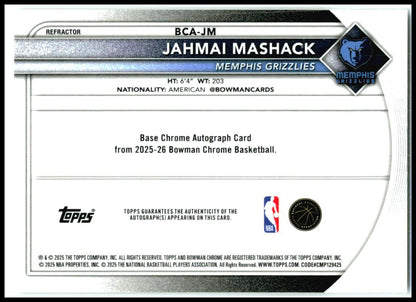 2025-26 Bowman Auto Refractor /499 #BCA-JM Jahmai Mashack Memphis