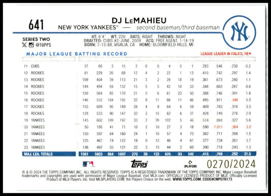 2024 Topps Gold #641 DJ LeMahieu #/2024 New York Yankees