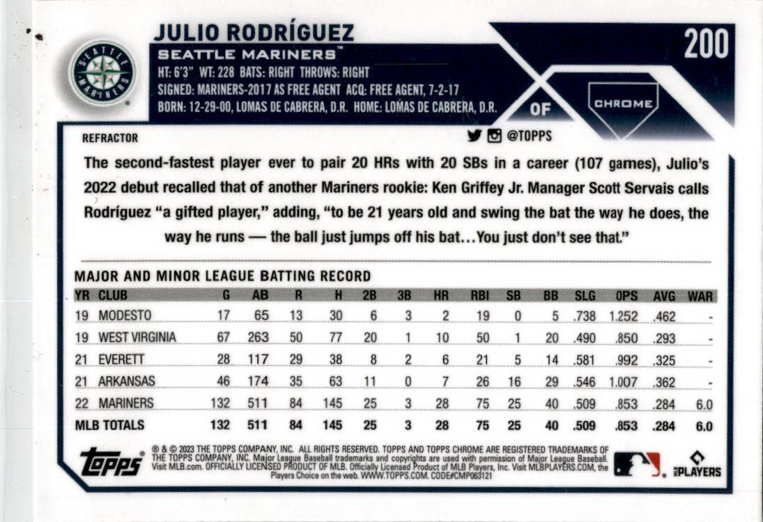 2023 Topps Chrome Refractor #200 Julio Rodríguez Seattle Mariners.