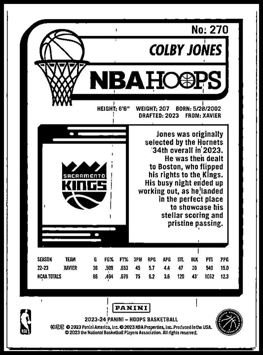 2023-24 Hoops #270 Colby Jones Rookie Sacramento Kings