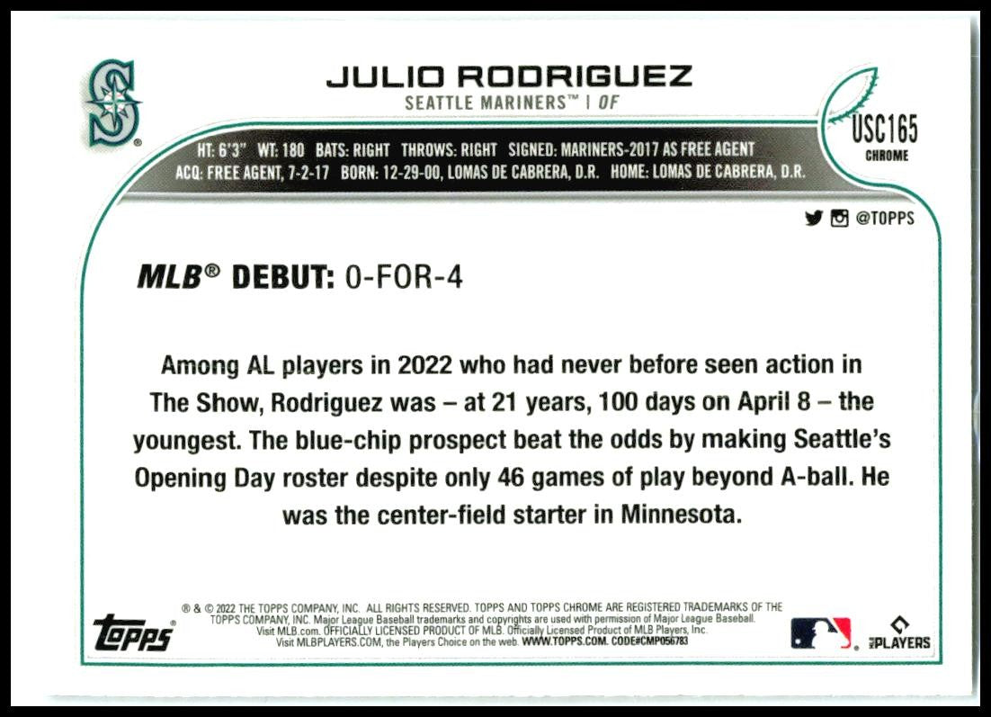 2022 Topps Chrome Update #USC165 Julio Rodriguez Seattle Mariners