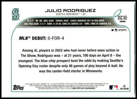 2022 Topps Chrome Update #USC165 Julio Rodriguez Seattle Mariners