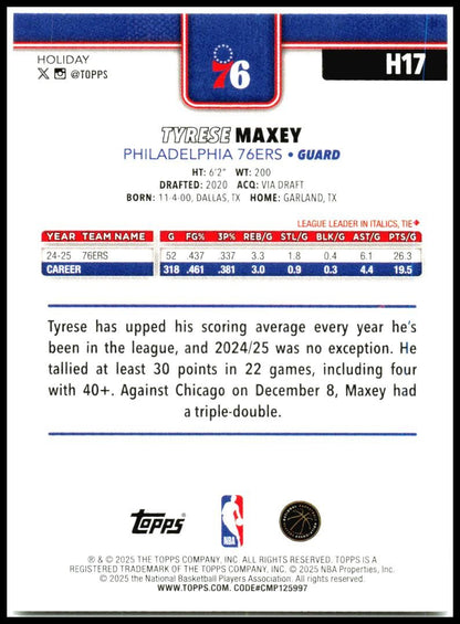 2025-26 Topps HOLIDAY #H171 Tyrese Maxey Philadelphia 76ers