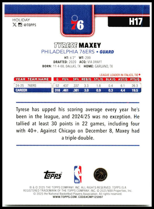 2025-26 Topps HOLIDAY #H171 Tyrese Maxey Philadelphia 76ers