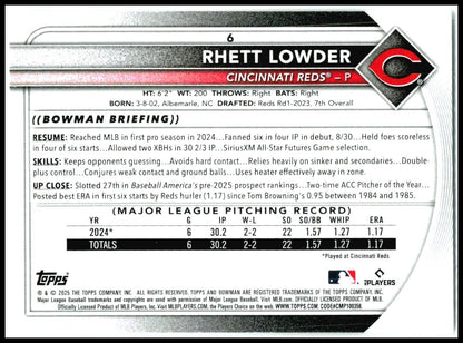 2025 Bowman #6 Rhett Lowder Rookie Cincinnati Reds