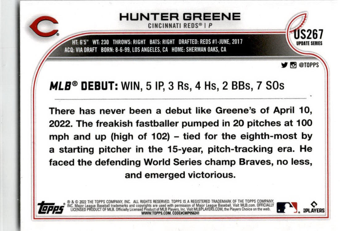 2022 Topps Update #US267 Hunter Greene RC Cincinnati Reds.