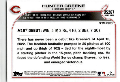 2022 Topps Update #US267 Hunter Greene RC Cincinnati Reds.