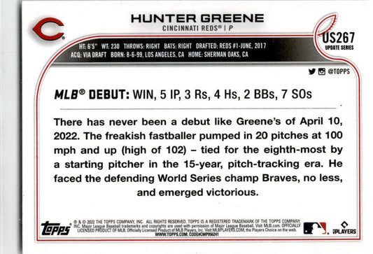 2022 Topps Update #US267 Hunter Greene RC Cincinnati Reds.