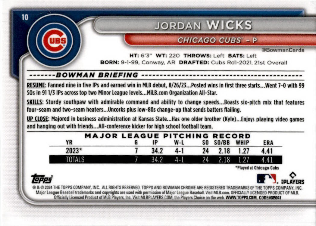 2024 Bowman Chrome #10 Jordan Wicks RC Chicago Cubs