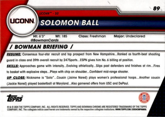 2023-24 Bowman University Chrome #89 Solomon Ball Connecticut Huskies
