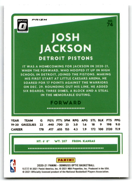 2020-21 Donruss Optic Holo Prizm Josh Jackson Detroit Pistons #74