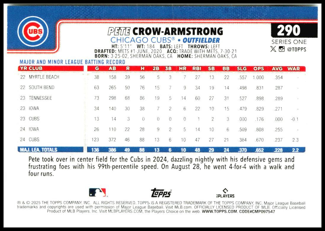 2025 Topps #290 Pete Crow-Armstrong Chicago Cubs