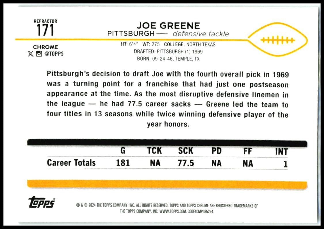 2024 Topps Chrome Refractor #171 Joe Greene Pittsburgh Steelers
