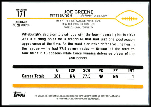2024 Topps Chrome Refractor #171 Joe Greene Pittsburgh Steelers