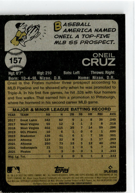2022 Topps Heritage Chrome Purple Refractor #157 Oneil Cruz Pittsburgh Pirates