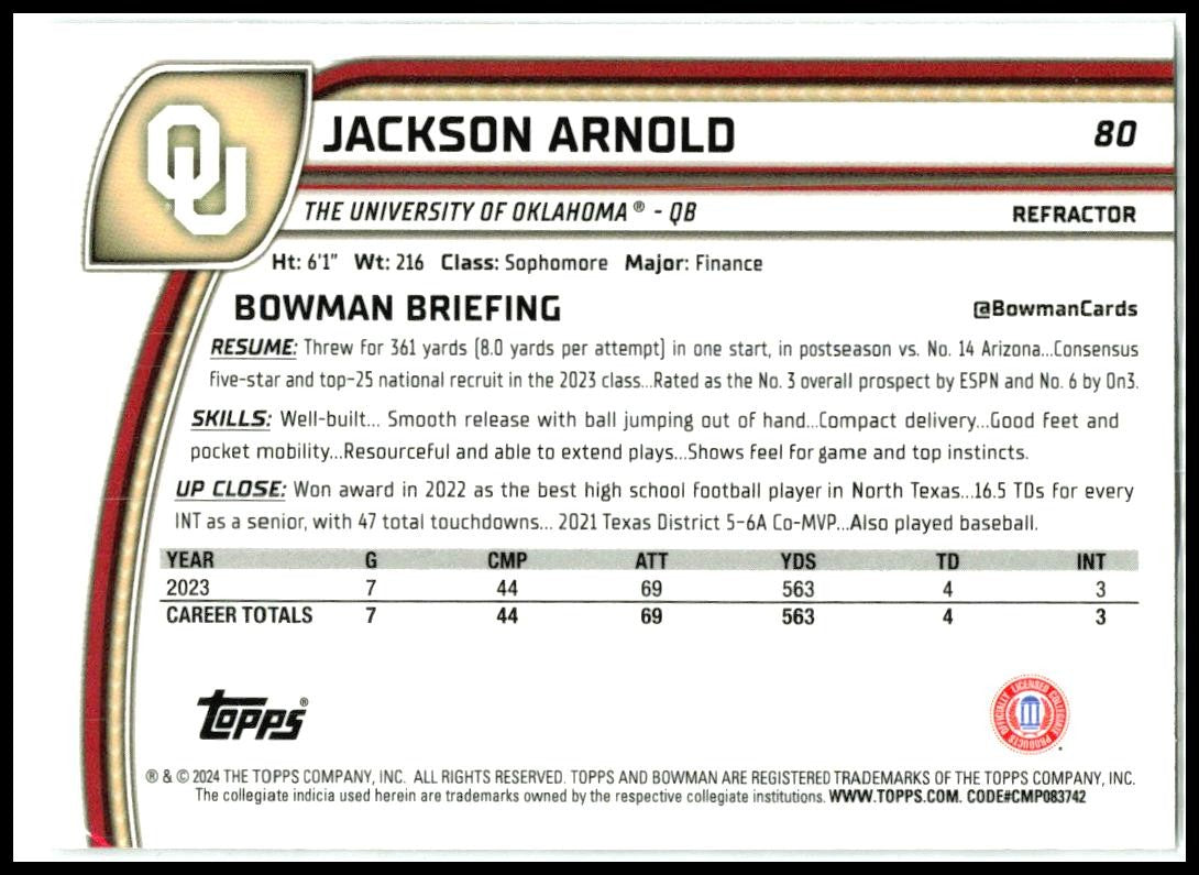 2024 Bowman University Chrome Refractor #80 Jackson Arnold Oklahoma Sooners