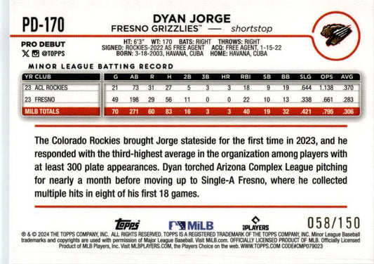 2024 Topps Pro Debut Blue Foil #PD-170 Dyan Jorge Frensno  /150 Grizzlies