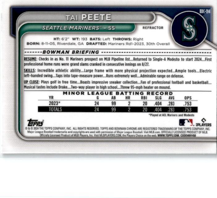 2024 Bowman Draft Chrome #BDC-194 Tai Peete Seattle Mariners