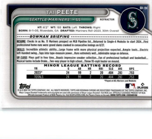 2024 Bowman Draft Chrome #BDC-194 Tai Peete Seattle Mariners