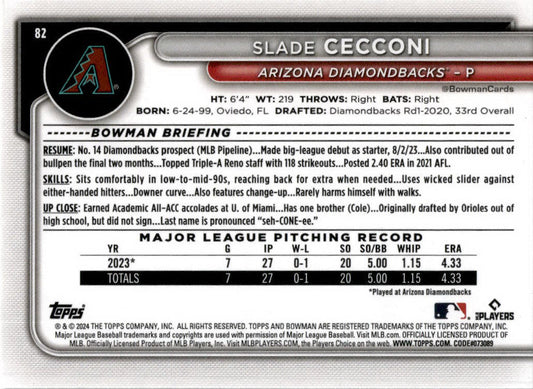 2024 Bowman #82 Slade Cecconi Rookie Arizona Diamondbacks